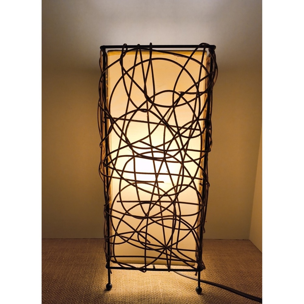 Wicker Rattan Wrapped Vine Style 14" Table Lamp Metal Frame Inline Switch, Shade